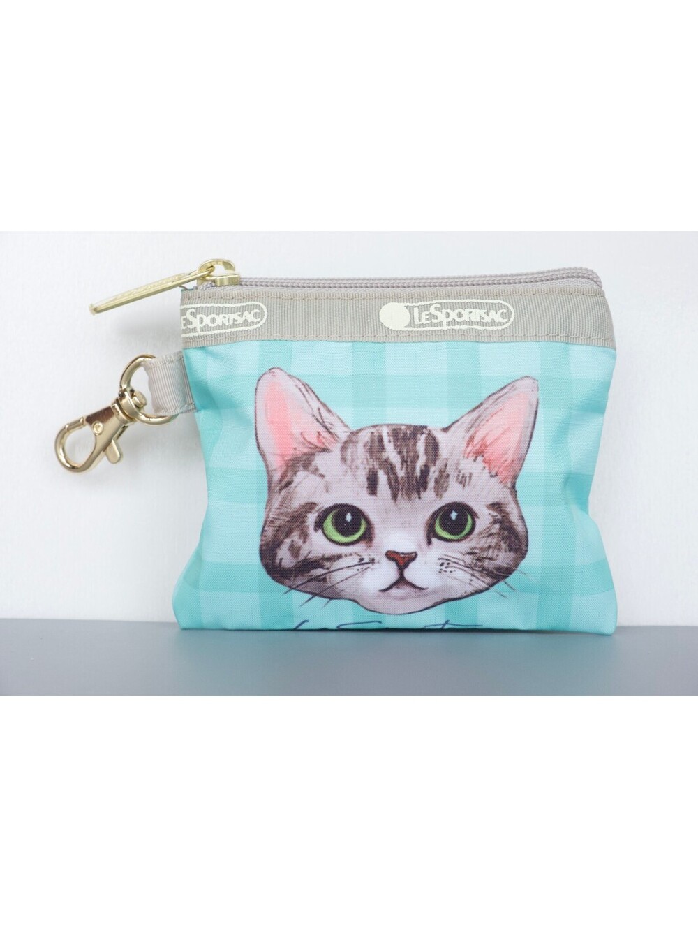 LeSportsac Grey Cat Key Coin Pouch Light Blue Check NWOT